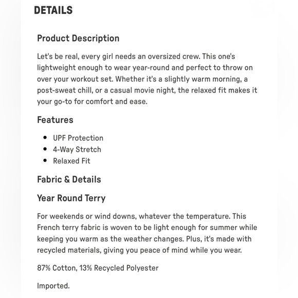 Fabletics Terry Oversized Crew Neck Sweatshirt | L | NWT | Oatmeal - Picture 5 of 9